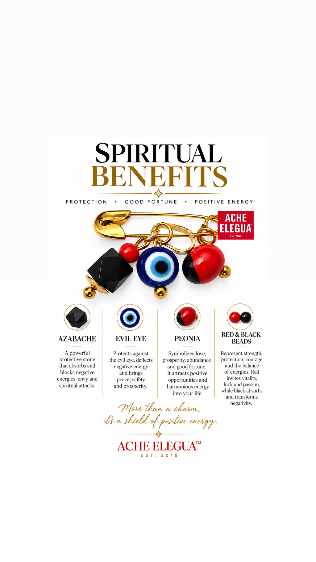 Protection Pin with Evil Eye, Azabache & Peonia Charms
