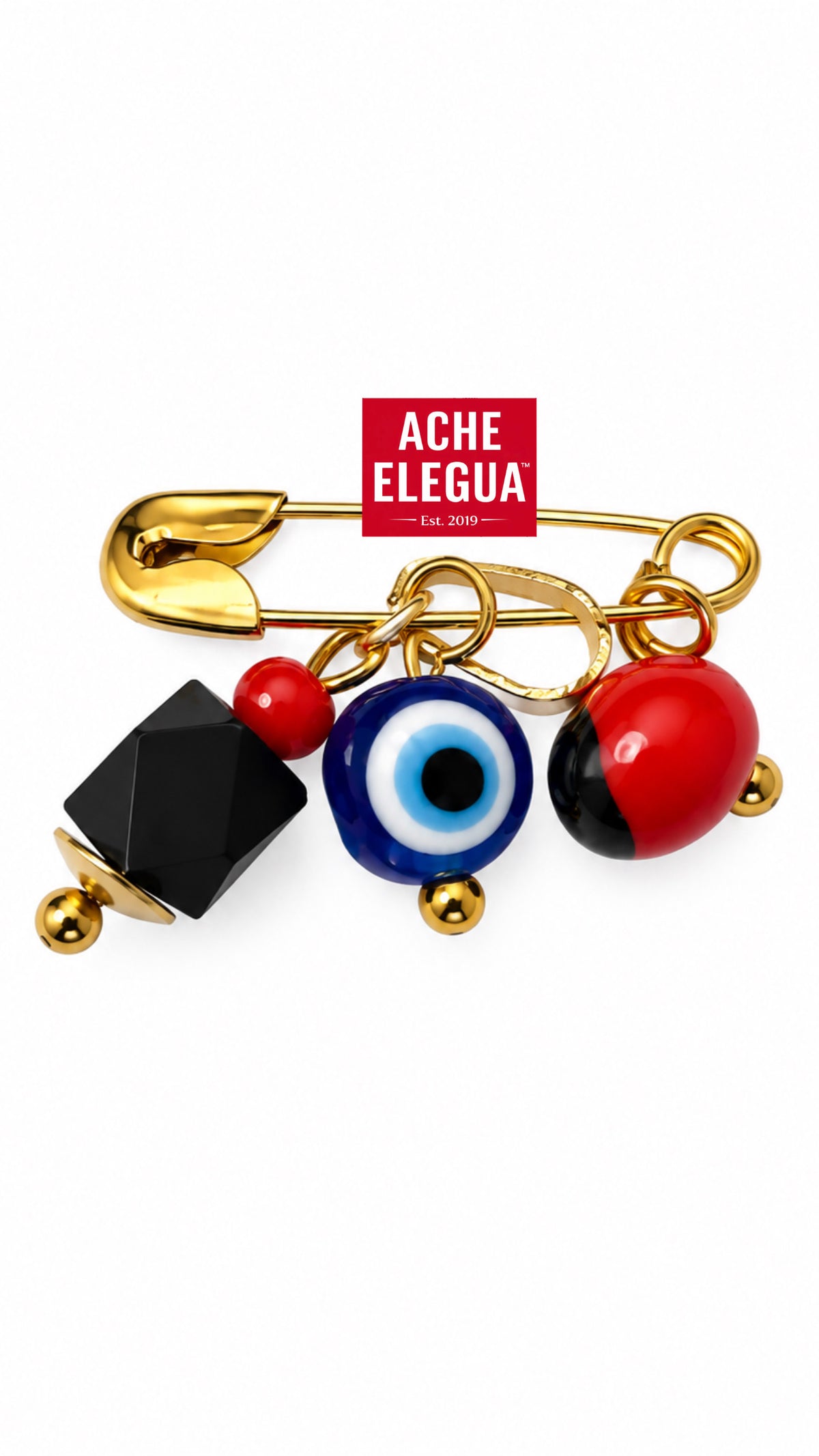 Protection Pin with Evil Eye, Azabache & Peonia Charms