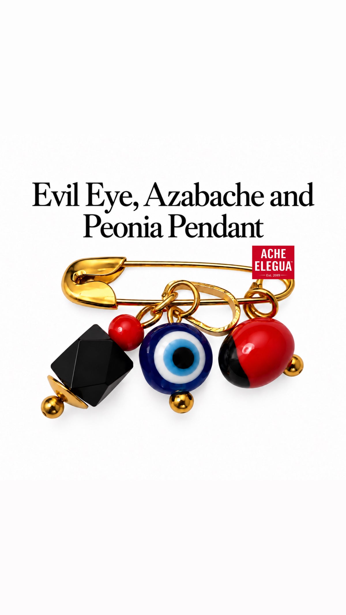 Protection Pin with Evil Eye, Azabache & Peonia Charms