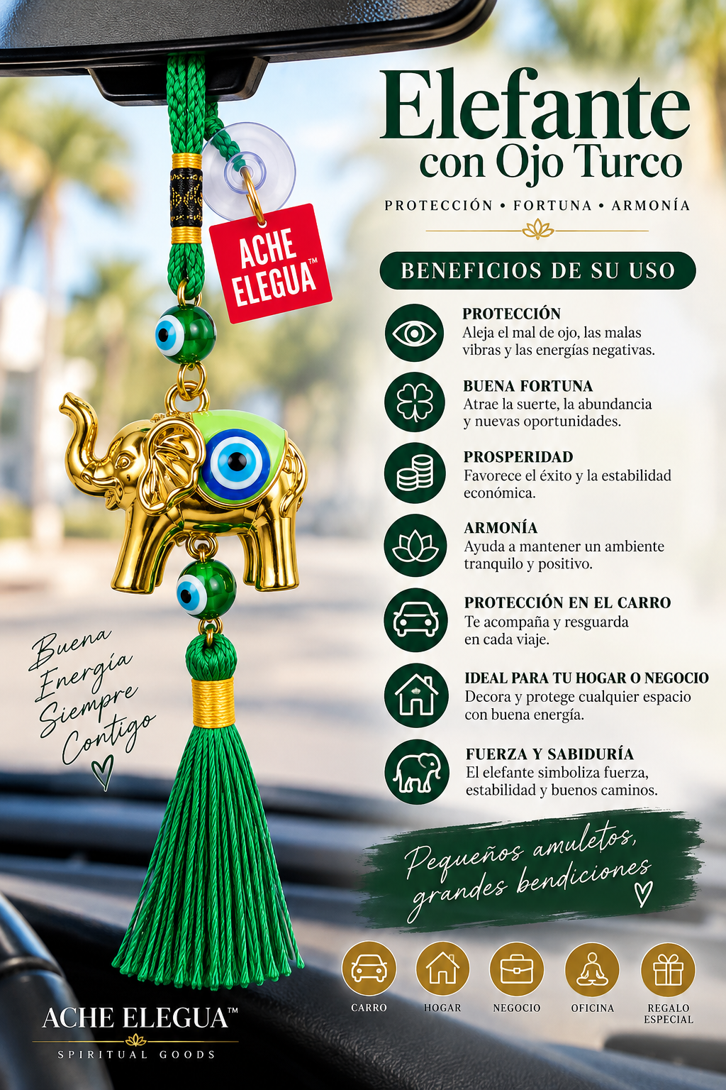 Evil Eye Elephant Ornament Green for Healing, hope and personal growth