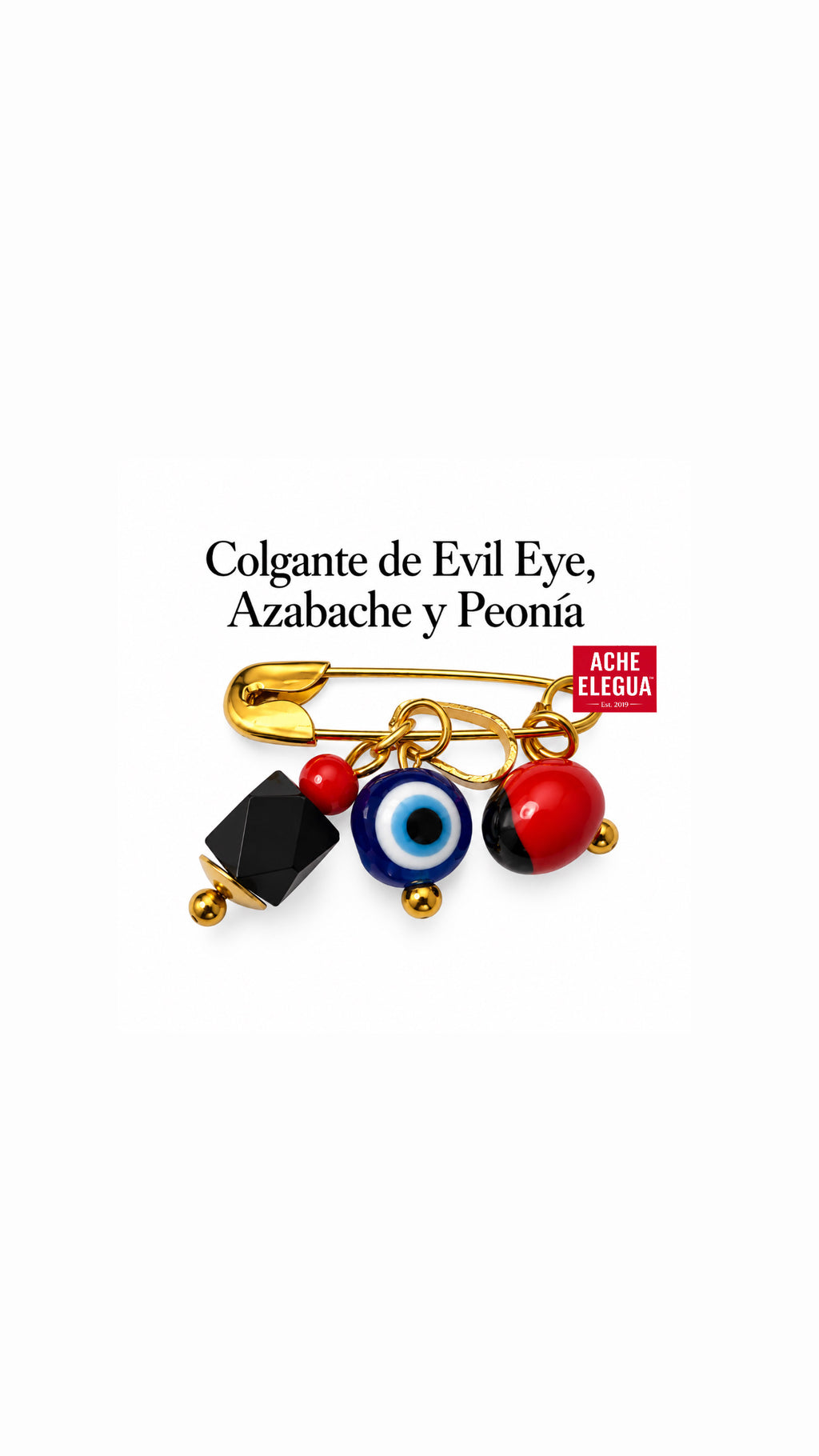 Protection Pin with Evil Eye, Azabache & Peonia Charms